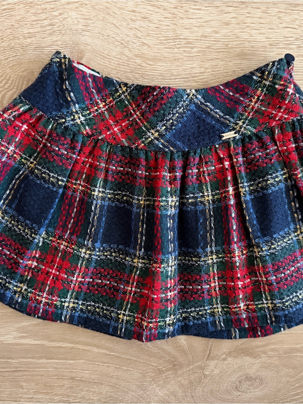 Mayoral Kids Tweed Navy and Red Plaid Pleated Mini Skirt